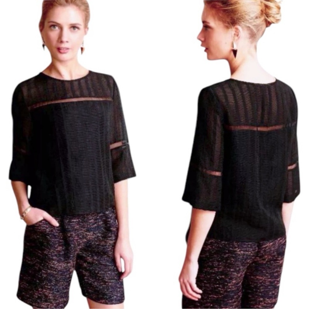 Anthropologie Black Sheer Stripe Boxy Blouse - Picture 9 of 9